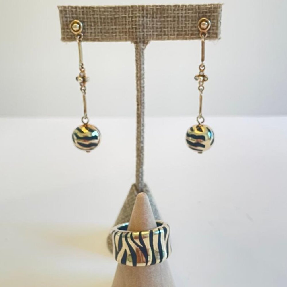 Sterling Silver & Gold/Black Color Striped Animal Print Earrings w/Ring